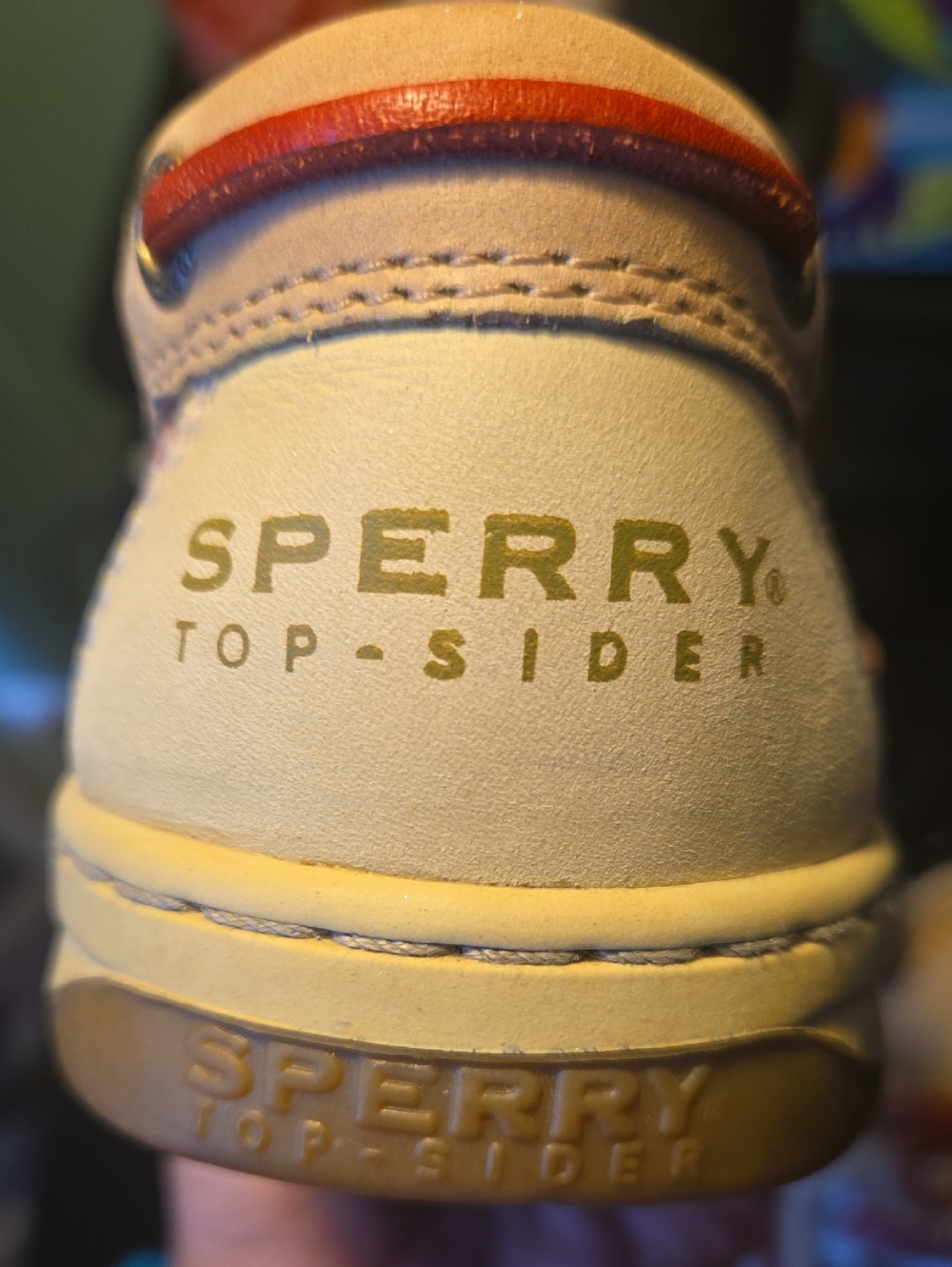 Like New - Sperry Tan Boat Shoes with Red Sequined Trim & Red Leather Laces - Picture 4 of 6